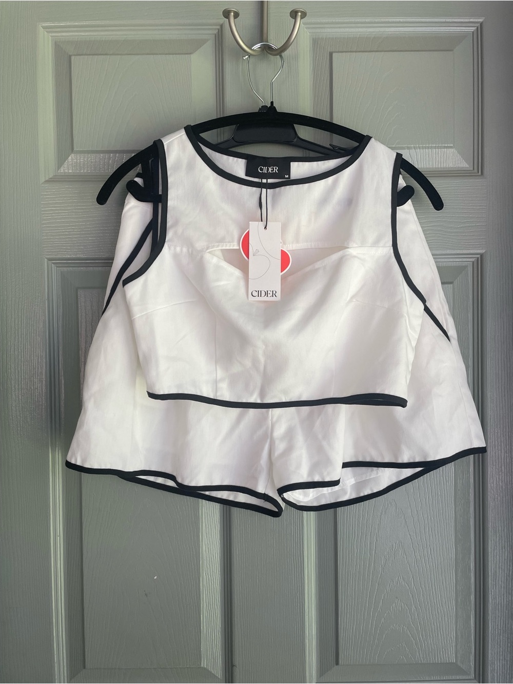 Cider 2 piece shorts and White Crop Top Shirt Set with Black Trim Fall Outfit